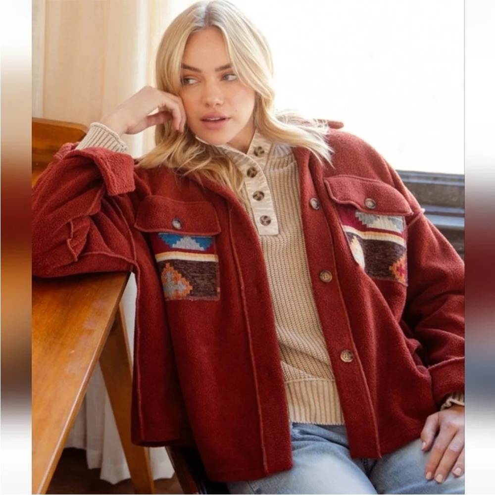 Easel Rust Button Fleece Shacket - Picture 2 of 8